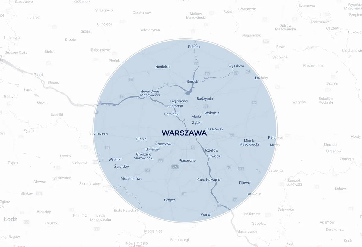 Mapa zasięgu usług HydraGroup – Warszawa i okolice do 60 km